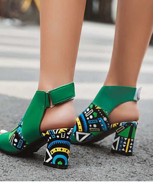 Geo Pattern Block Heel Sandals
